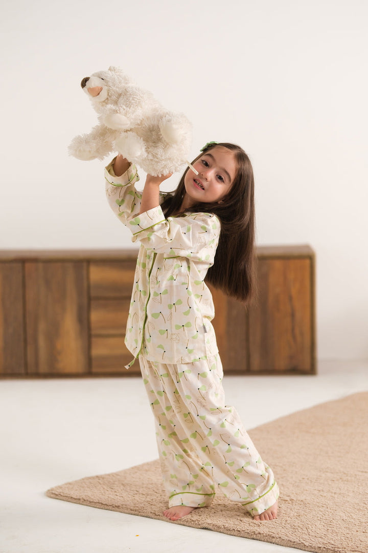 Baby Nest Kids Premium Night Suits For Girls Printed 2 Piece Boski Linen Leafy Dawn - Casual Collection