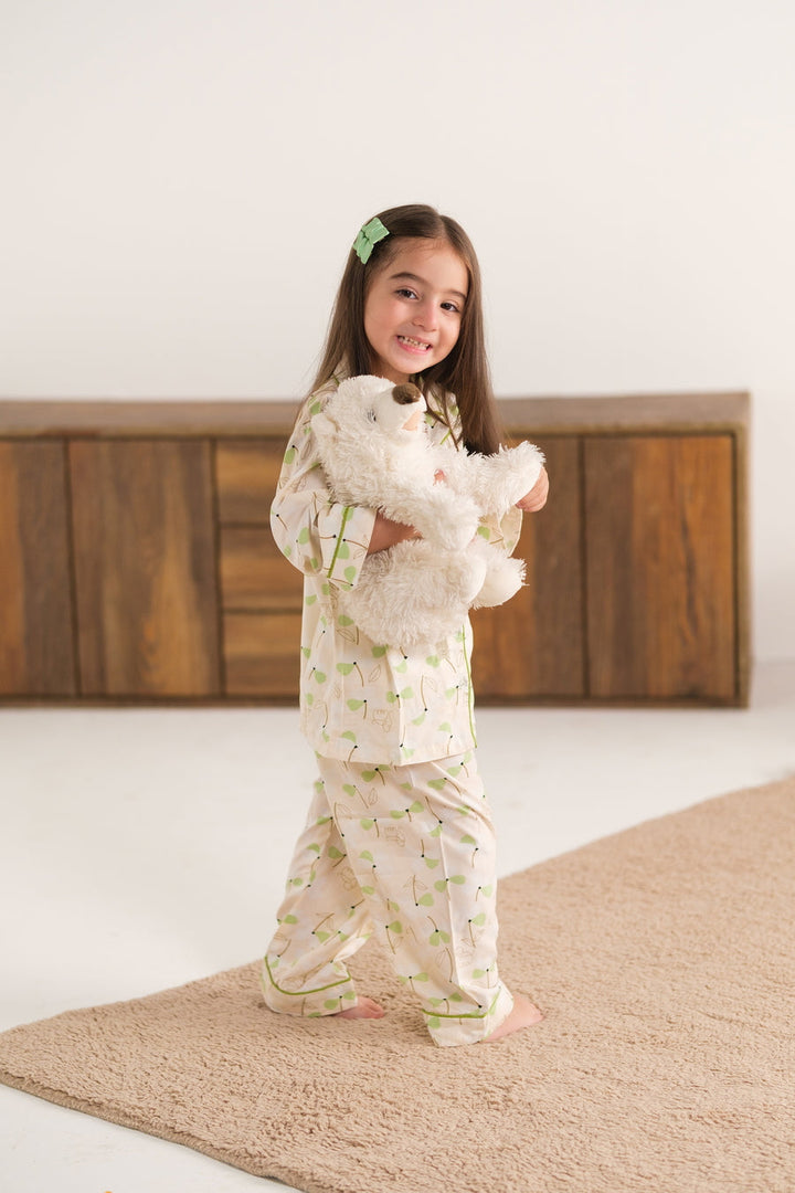 Baby Nest Kids Premium Night Suits For Girls Printed 2 Piece Boski Linen Leafy Dawn - Casual Collection