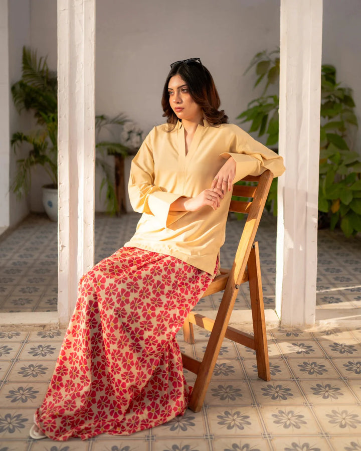 Zauk Women Printed Poly 2 Piece Suit Lemon Yellow Shirt and Printed Skirt - Eid Collection