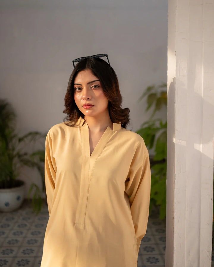 Zauk Women Printed Poly 2 Piece Suit Lemon Yellow Shirt and Printed Skirt - Eid Collection