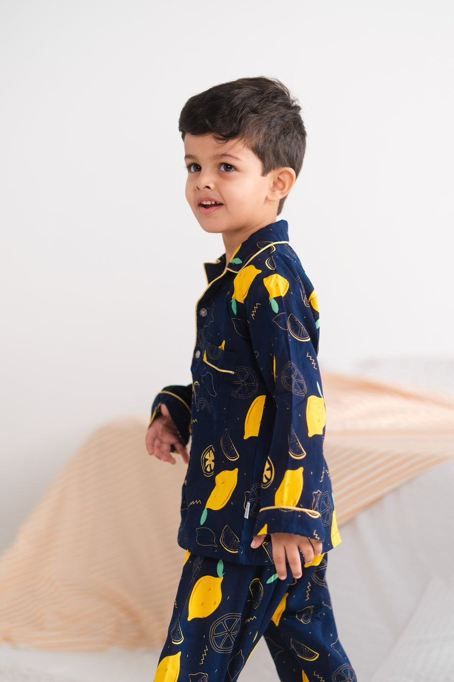 Baby Nest Kids Premium Night Suits For Boys Printed 2 Piece Boski Linen Lemon Loom  - Casual Collection