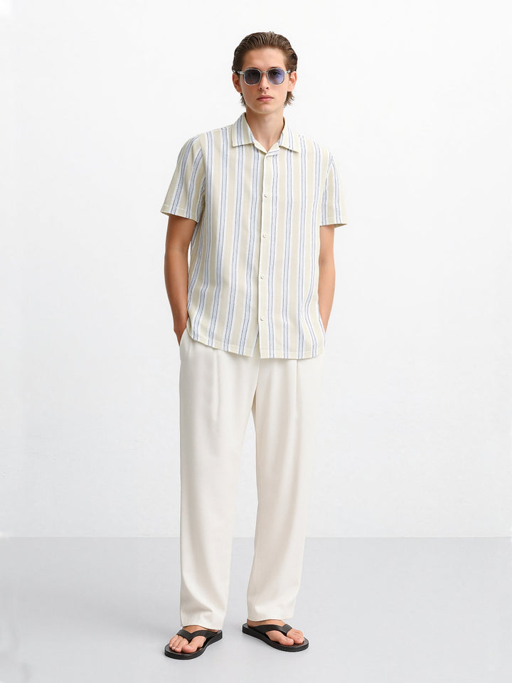 Brumano Ready To Wear Shirts Men 1 Piece Cotton Light Beige Striped Structured Cuban Collar Shirt 0-33-025-4528 - Summer Collection