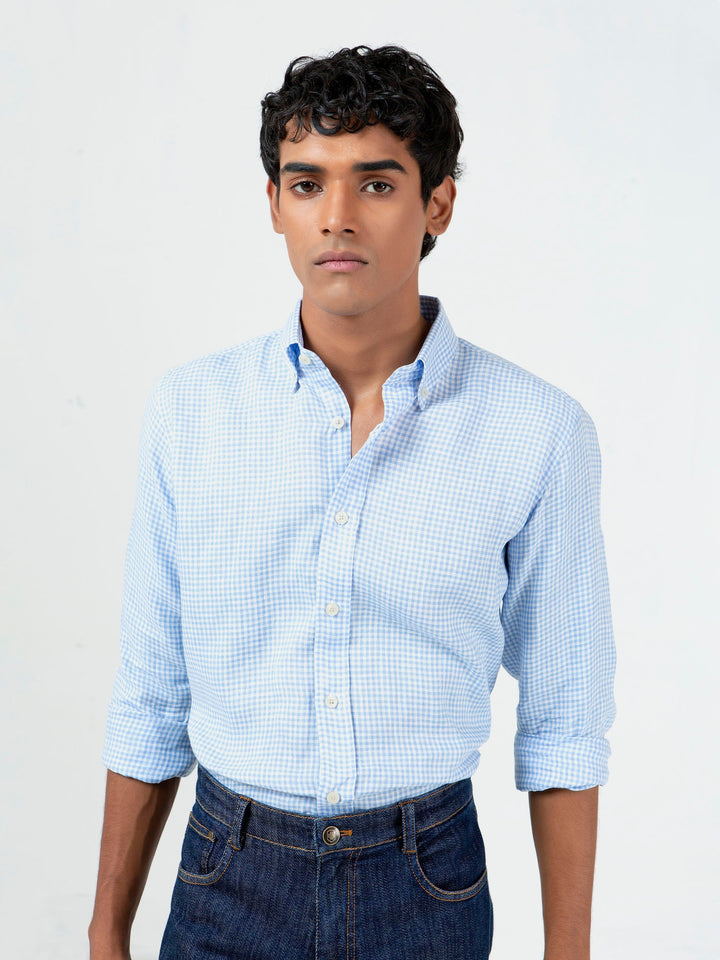 Brumano Ready To Wear Shirts Men 1 Piece Cotton Light Blue Gingham Cotton/Linen Shirt 0-31-023-2283 - Summer Collection