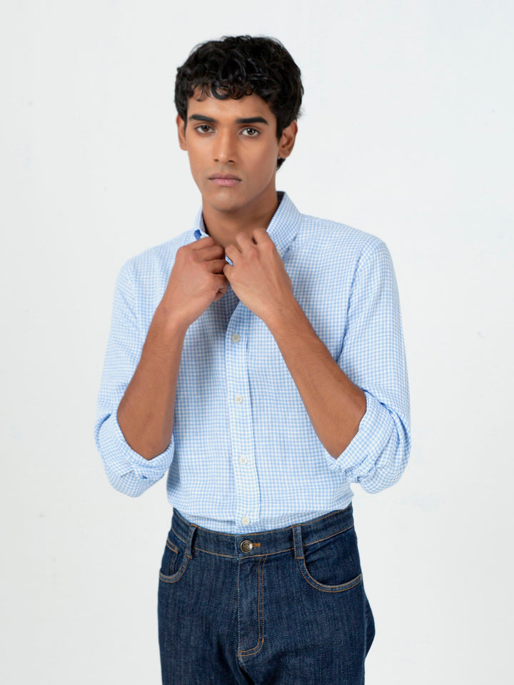 Brumano Ready To Wear Shirts Men 1 Piece Cotton Light Blue Gingham Cotton/Linen Shirt 0-31-023-2283 - Summer Collection