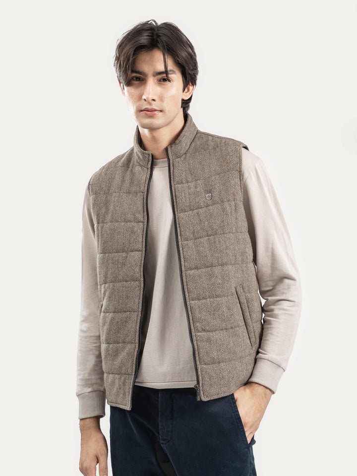 Brumano Ready To Wear Solids Cotton 1 Piece Men Light Brown Wool Structured Sleeveless Zipper Jacket 0-12-025-4368 - Winter Collection