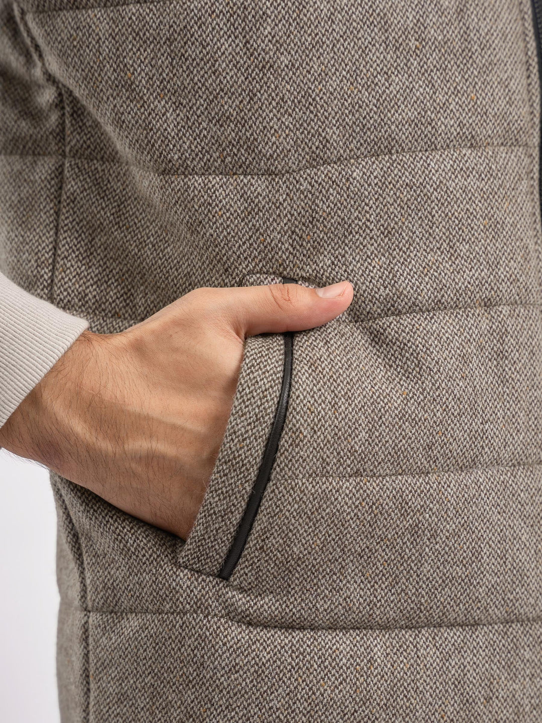 Brumano Ready To Wear Solids Cotton 1 Piece Men Light Brown Wool Structured Sleeveless Zipper Jacket 0-12-025-4368 - Winter Collection