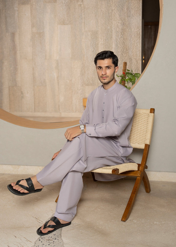 Buraq Men RTW Solids Wash N Wear Kurta Shalwar Suit Light lavender Ban Casual Collection