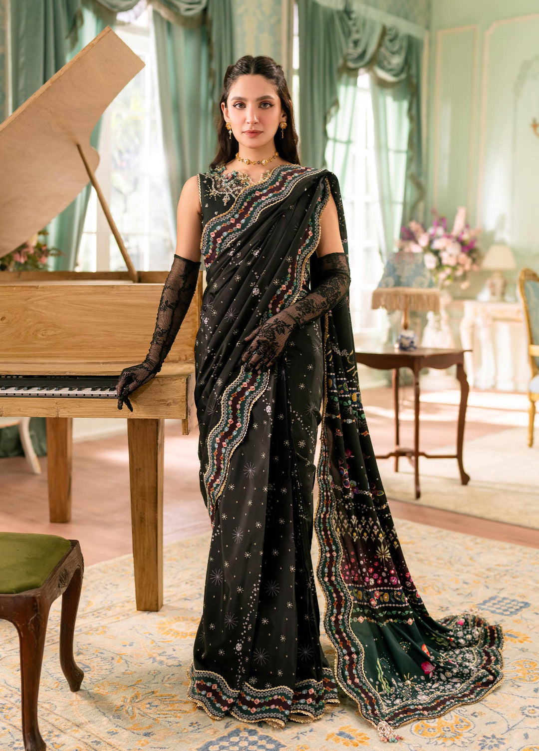 Luxe by Qalamkar Unstitched Embroidered Grip Silk Saree QLK26UL Linnea QSL-08 - Festive Collection
