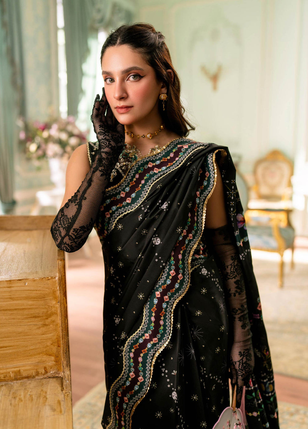 Luxe by Qalamkar Unstitched Embroidered Grip Silk Saree QLK26UL Linnea QSL-08 - Festive Collection