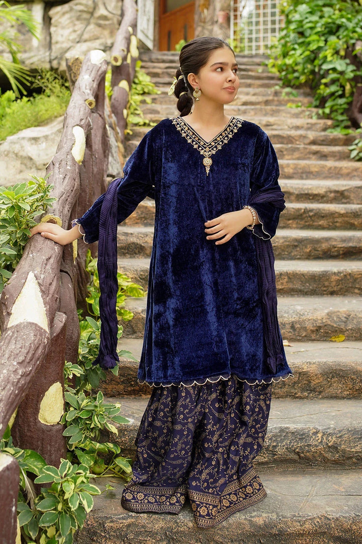 Ochre RTW Embroidered Girls 3 Piece Velvet Hand Adda Work OVF-40 - Winter Collection