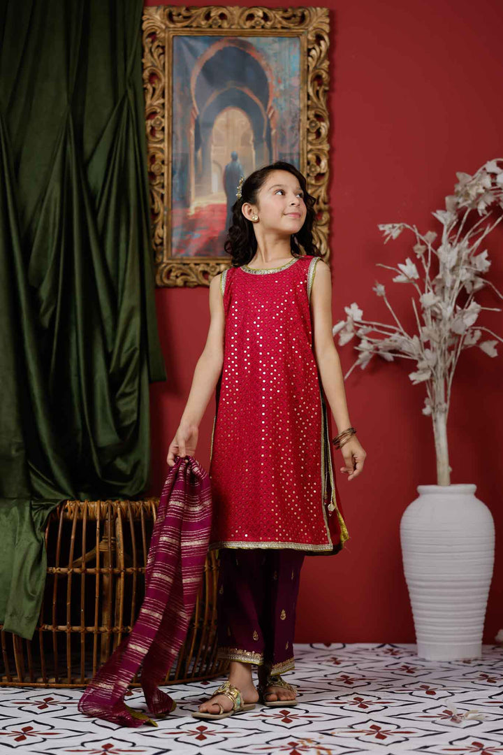 Senorita Kids RTW Shocking Pink and Pruple Formal 3 Piece Suit Viscose Crinkle Chiffon KDD-03050 - Summer Collection