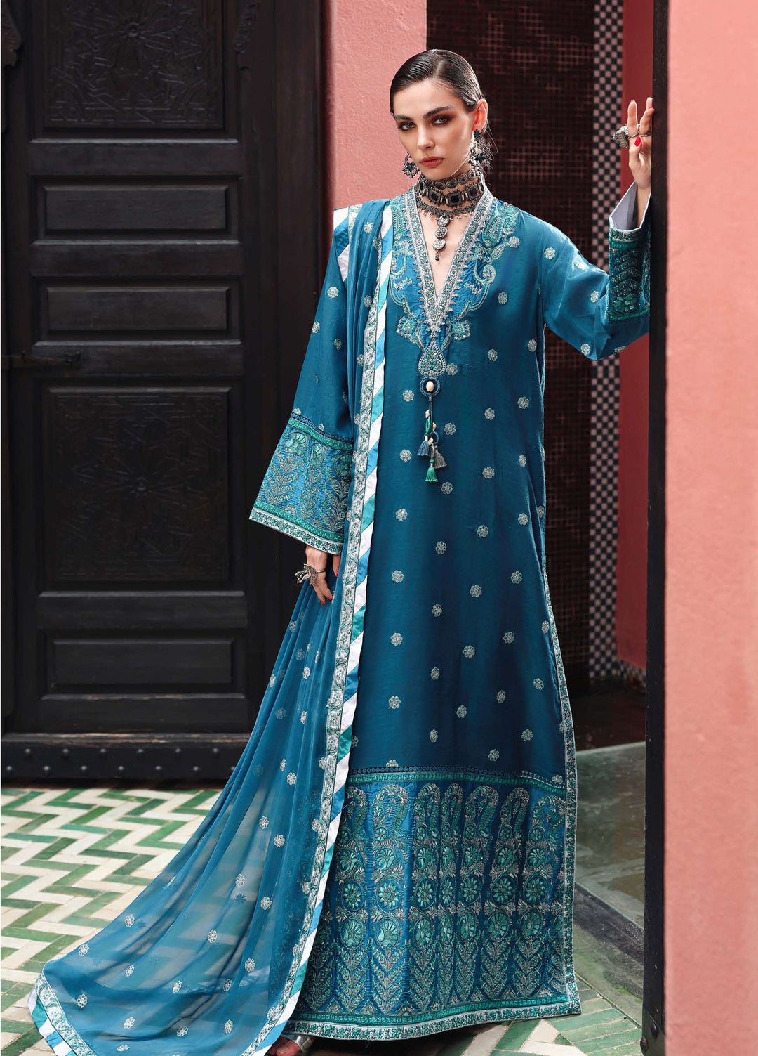 Nuvera Hemline by Mushq Unstitched Embroidered Raw Silk 3 Piece Suit MU26UNH Rouge Sapphire MUNES260201 - Festive Collection