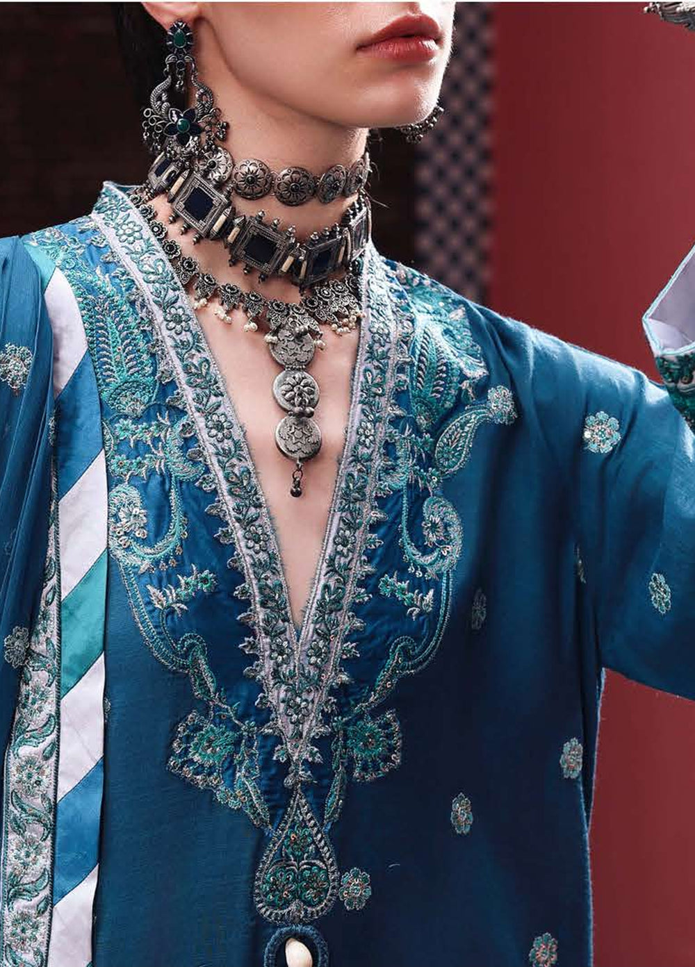 Nuvera Hemline by Mushq Unstitched Embroidered Raw Silk 3 Piece Suit MU26UNH Rouge Sapphire MUNES260201 - Festive Collection