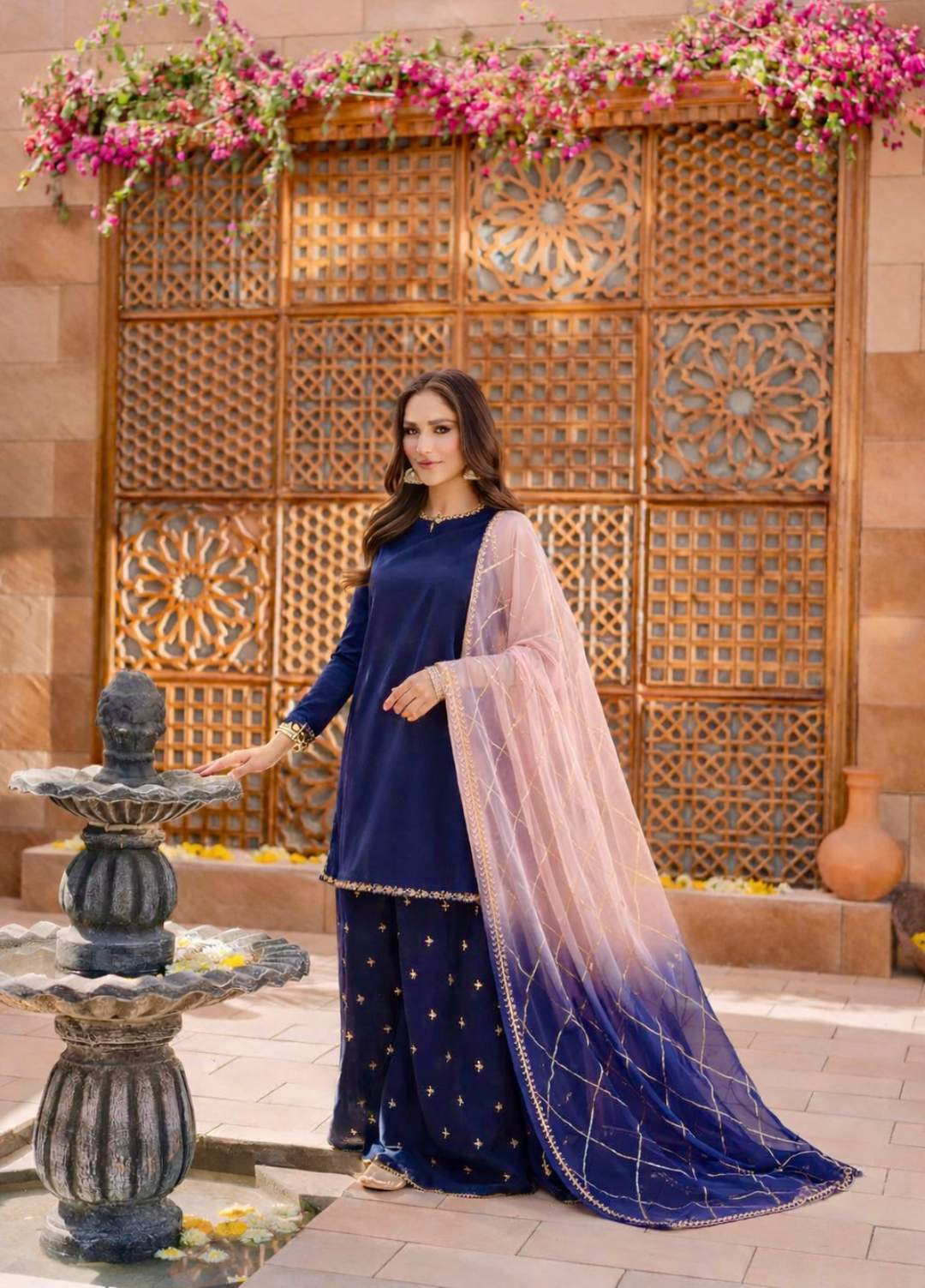 The Opulence by Girl Store RTW Solids Raw Silk 3 Piece Suit Mystic Navy - Eid Collection
