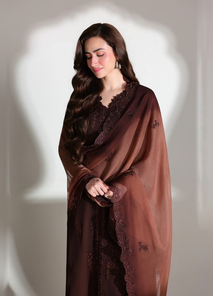 Ensembles by Azure Unstitched Embroidered Chiffon 3 Piece Suit AZ26UEF Maison Mocha - Festive Collection