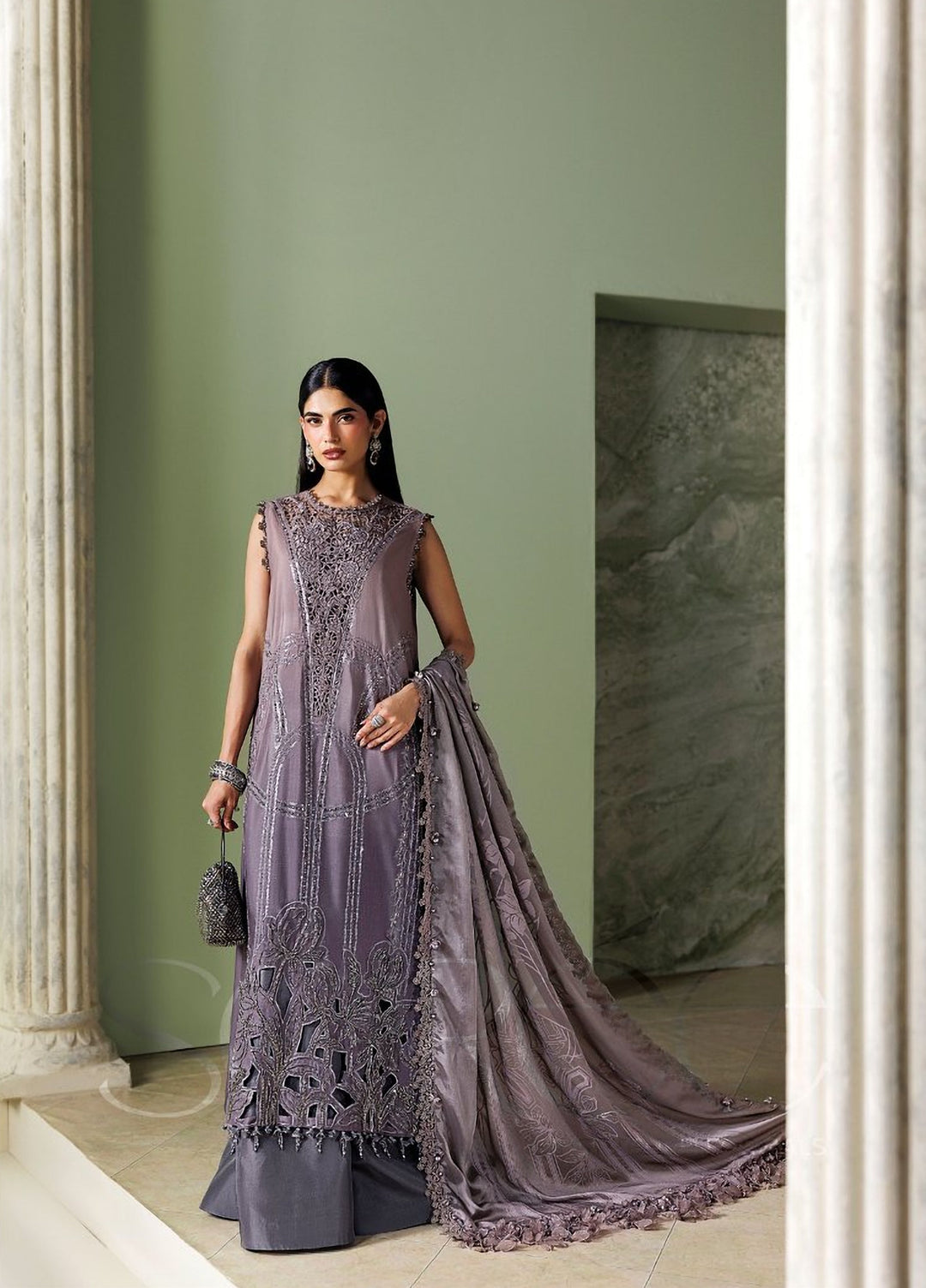 Soiree by Maria B Unstitched Embroidered Raw Silk 3 Piece Suit MB26US D4 - Festive Collection