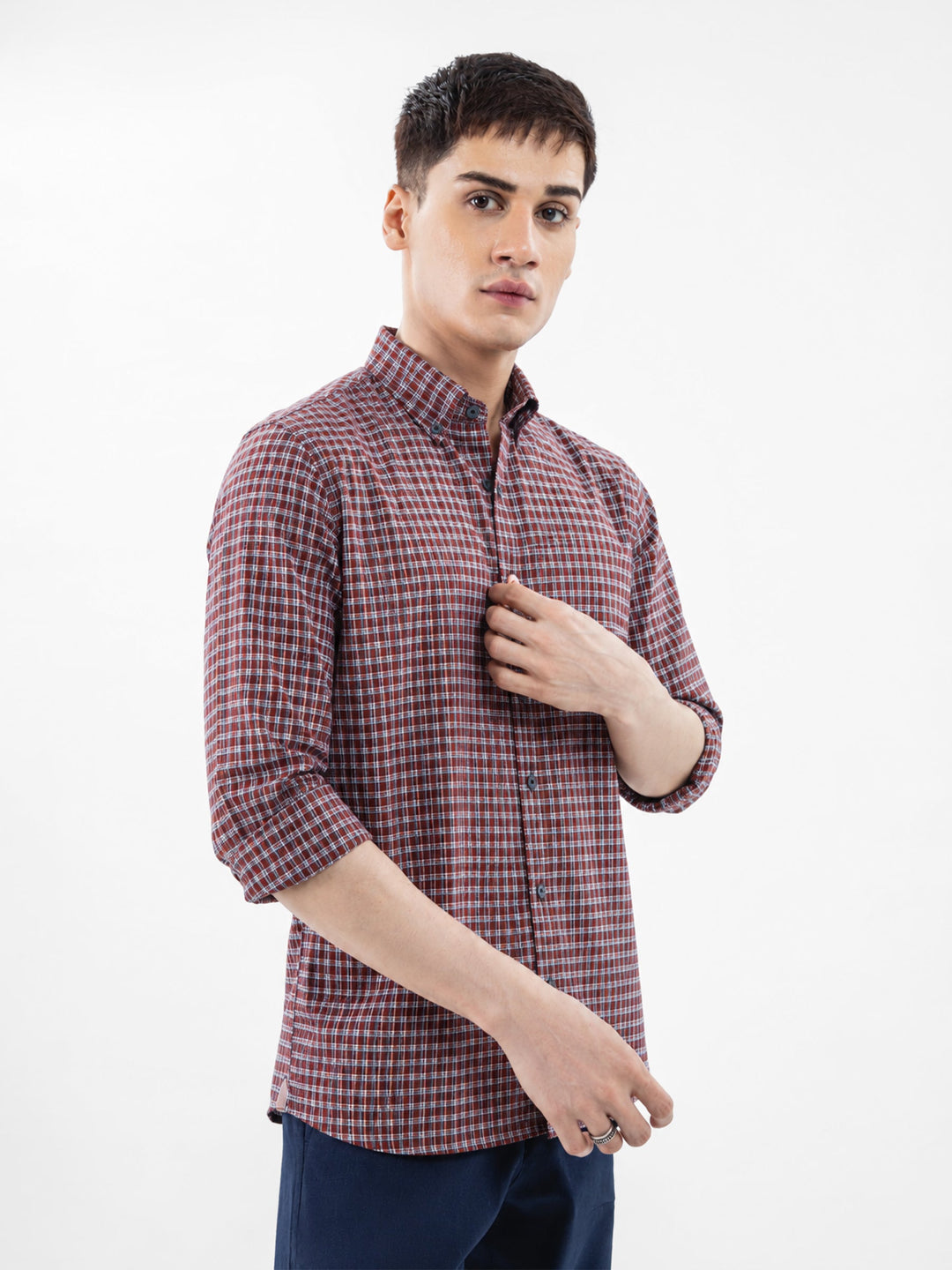 Brumano Mens RTW Solids Cotton Shirt Maroon Vintage Checkered Casual Collection