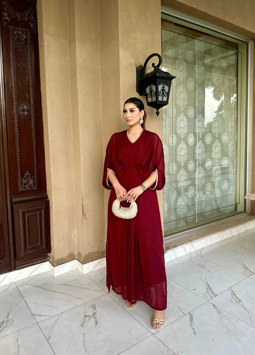 Mataish Women RTW Solids Chiffon 1 Piece Suit Maroon Kaftan - Festive Collection