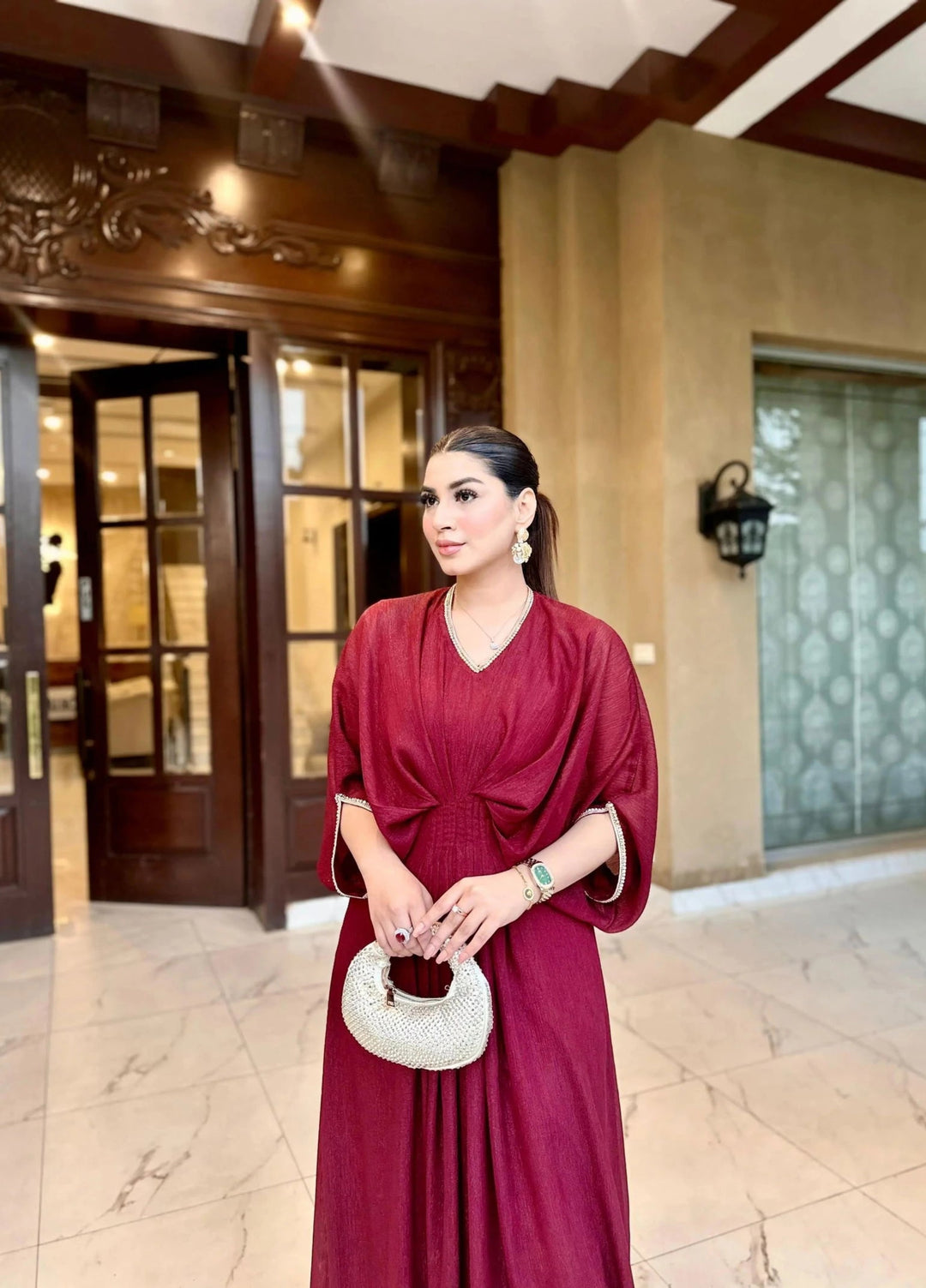 Mataish Women RTW Solids Chiffon 1 Piece Suit Maroon Kaftan - Festive Collection