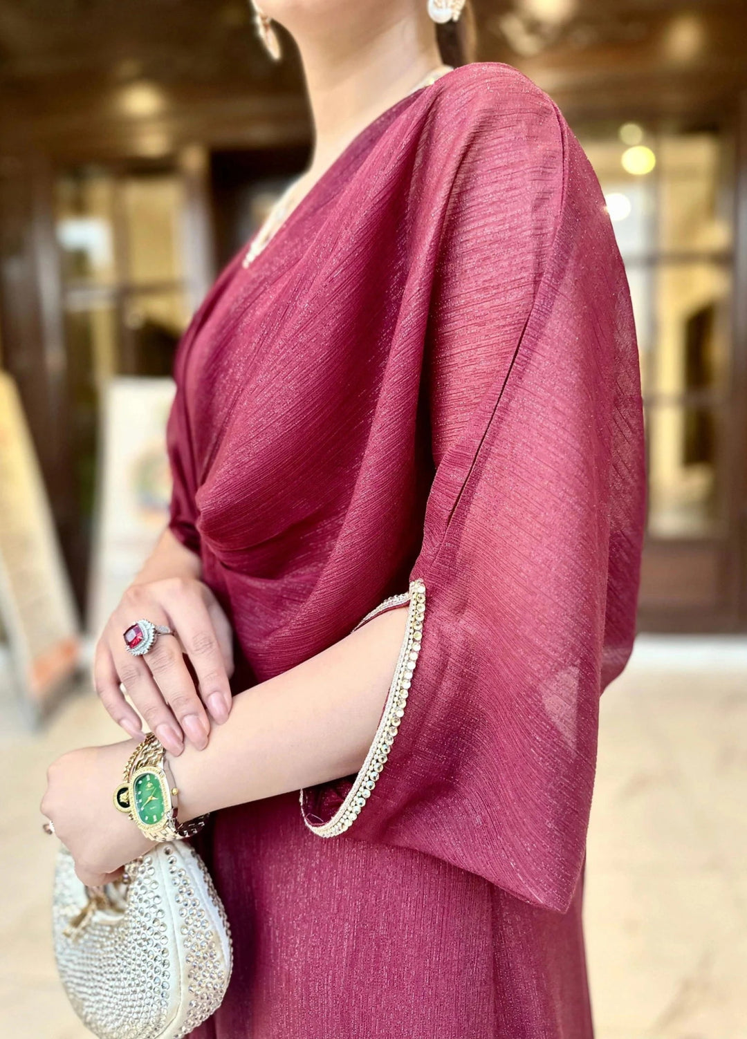 Mataish Women RTW Solids Chiffon 1 Piece Suit Maroon Kaftan - Festive Collection