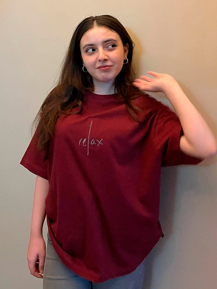 Brumano Cotton Printed Women - Maroon Oversized T-Shirt With Minimalist 'Relax' Embroidery - Women