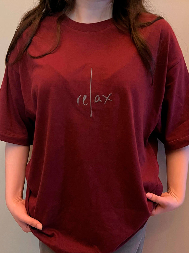 Brumano Cotton Printed Women - Maroon Oversized T-Shirt With Minimalist 'Relax' Embroidery - Women