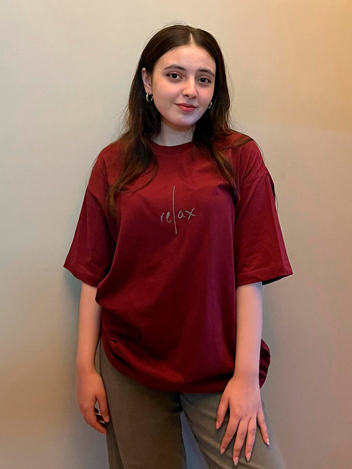 Brumano Cotton Printed Women - Maroon Oversized T-Shirt With Minimalist 'Relax' Embroidery - Women