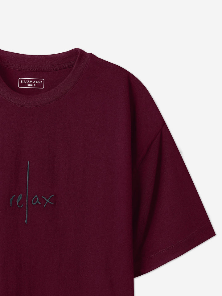 Brumano Cotton Printed Men - Maroon Oversized T-Shirt With Minimalist 'Relax' Embroidery