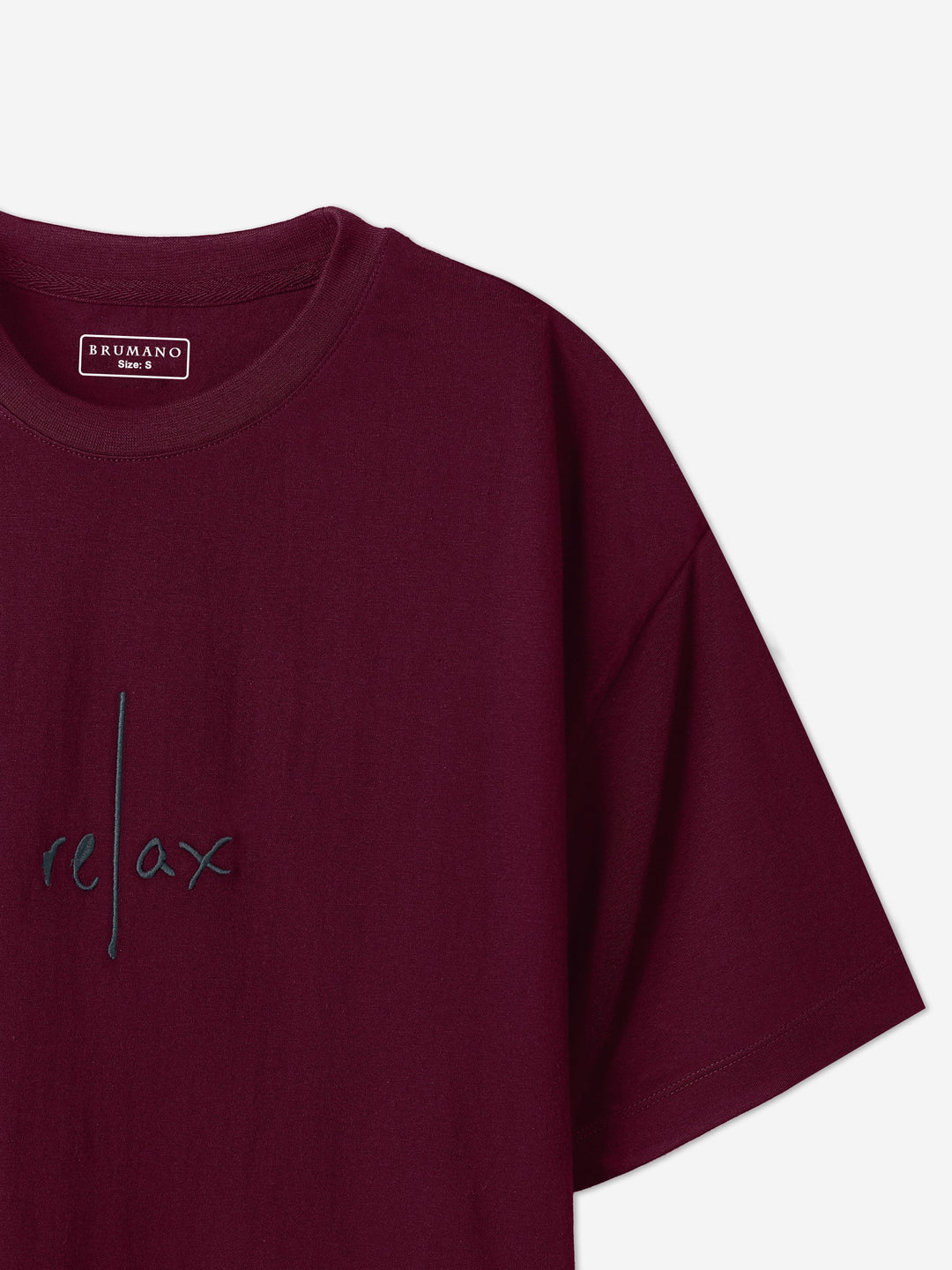 Brumano Cotton Printed Women - Maroon Oversized T-Shirt With Minimalist 'Relax' Embroidery - Women