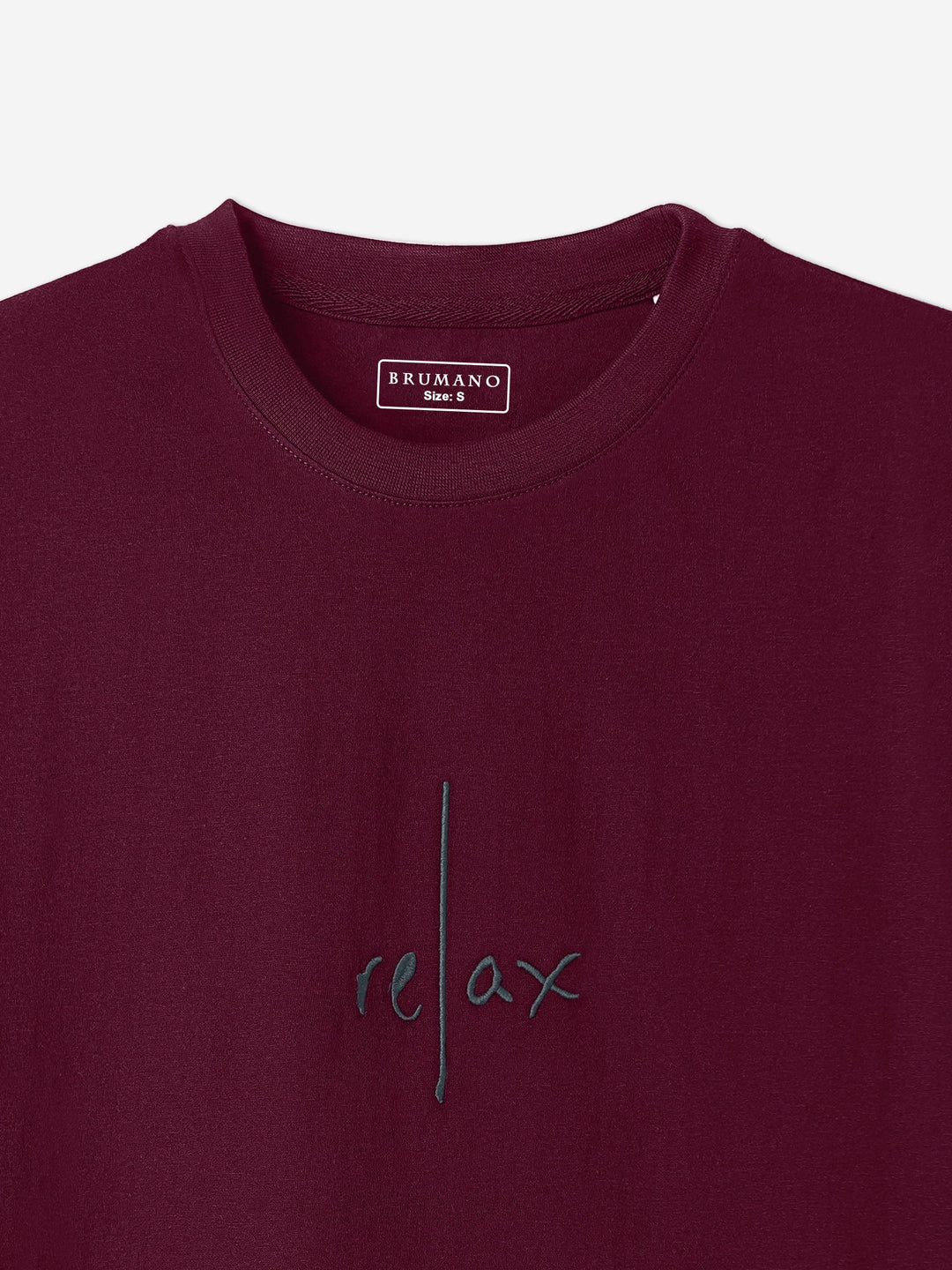 Brumano Cotton Printed Men - Maroon Oversized T-Shirt With Minimalist 'Relax' Embroidery