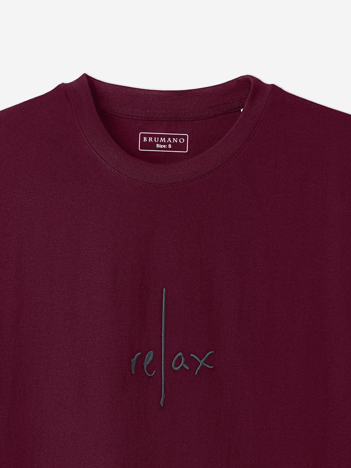 Brumano Cotton Printed Men - Maroon Oversized T-Shirt With Minimalist 'Relax' Embroidery
