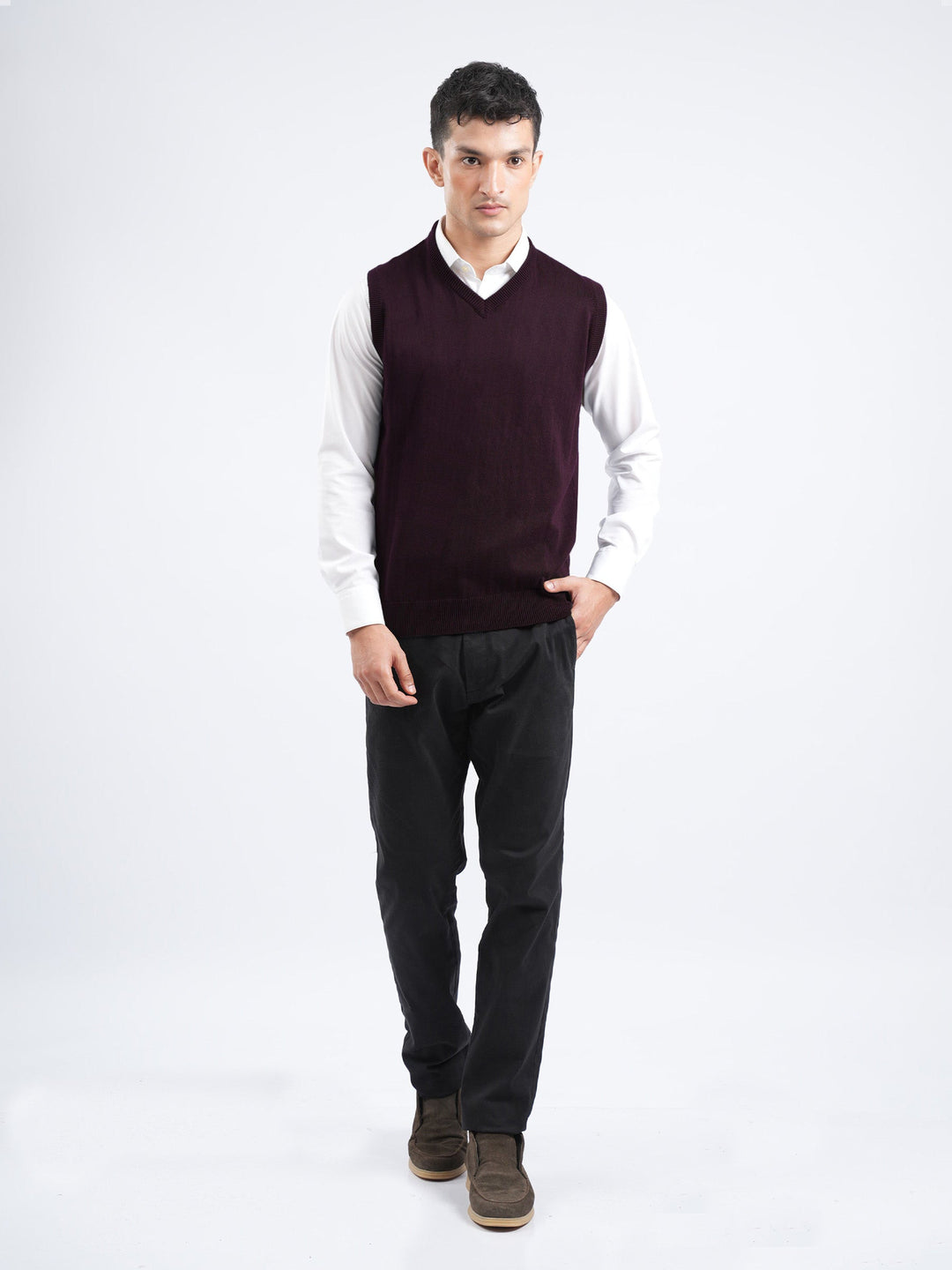 Brumano Mens RTW Solids Cotton 1 Piece Maroon Sleeveless V-Neck Winter Collection