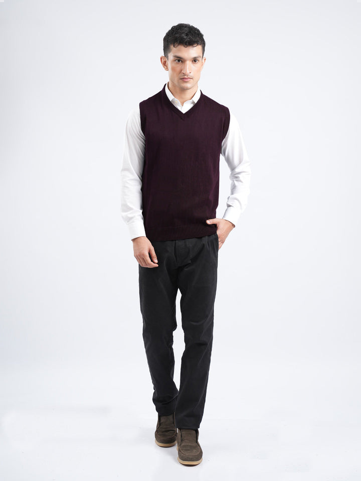 Brumano Mens RTW Solids Cotton 1 Piece Maroon Sleeveless V-Neck Winter Collection