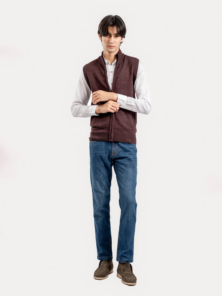 Brumano Ready to Wear Men Cotton Maroon Sleeveless Zipper Sweater 0-24-025-4761-D-09 - Winter Collection