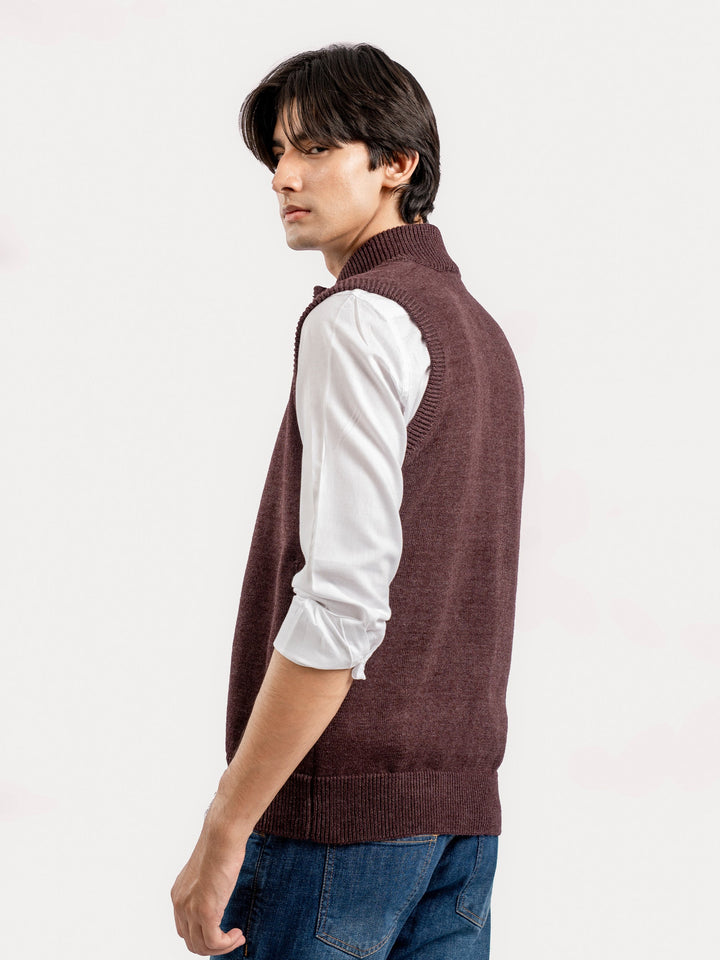 Brumano Mens RTW Solids Cotton 1 Piece Maroon Sleeveless Zipper Sweater Winter Collection