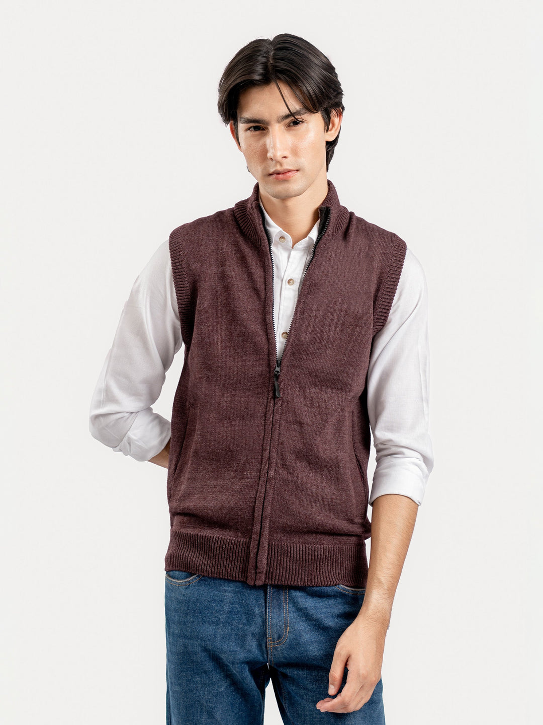 Brumano Mens RTW Solids Cotton 1 Piece Maroon Sleeveless Zipper Sweater Winter Collection