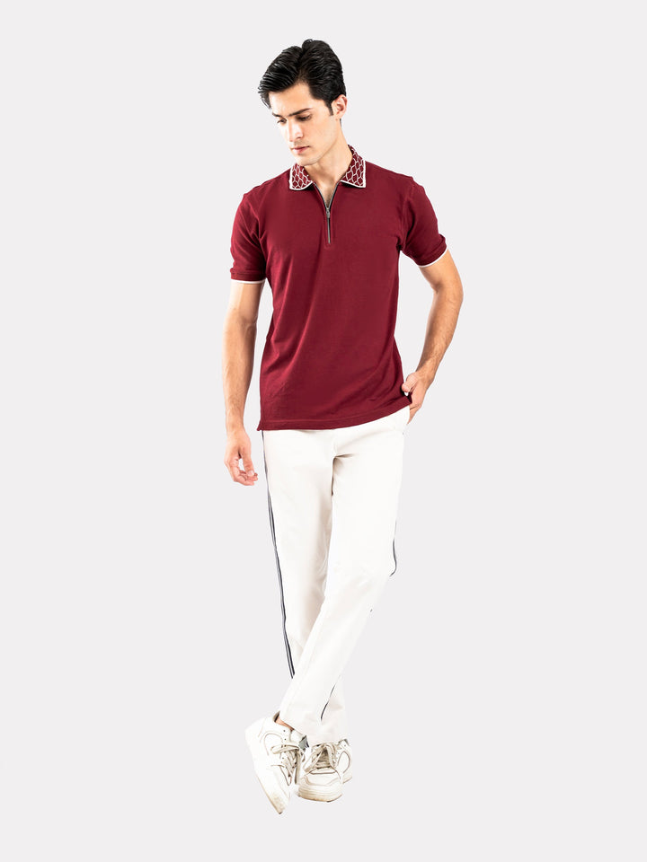 Brumano  Solids Cotton Polo Maroon Zipper Polo With Jacquard Collar