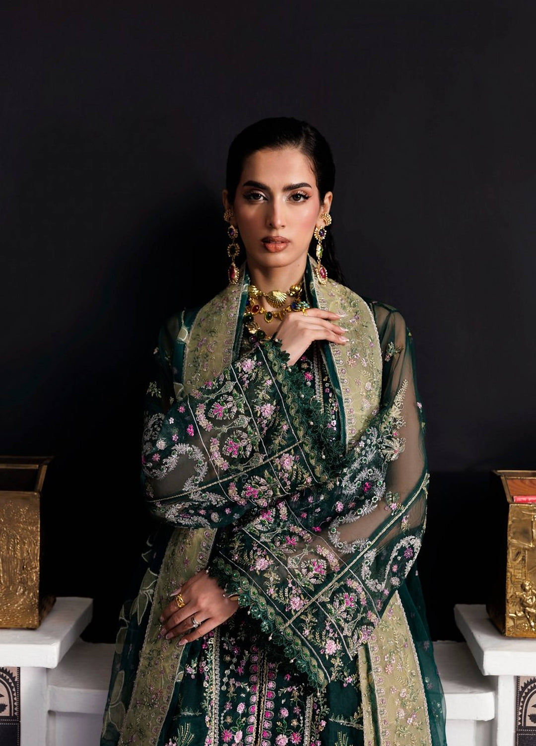 Marwa by Maryam Hussain Unstitched Embroidered Net 3 Piece Suit Zamurd - Wedding Collection