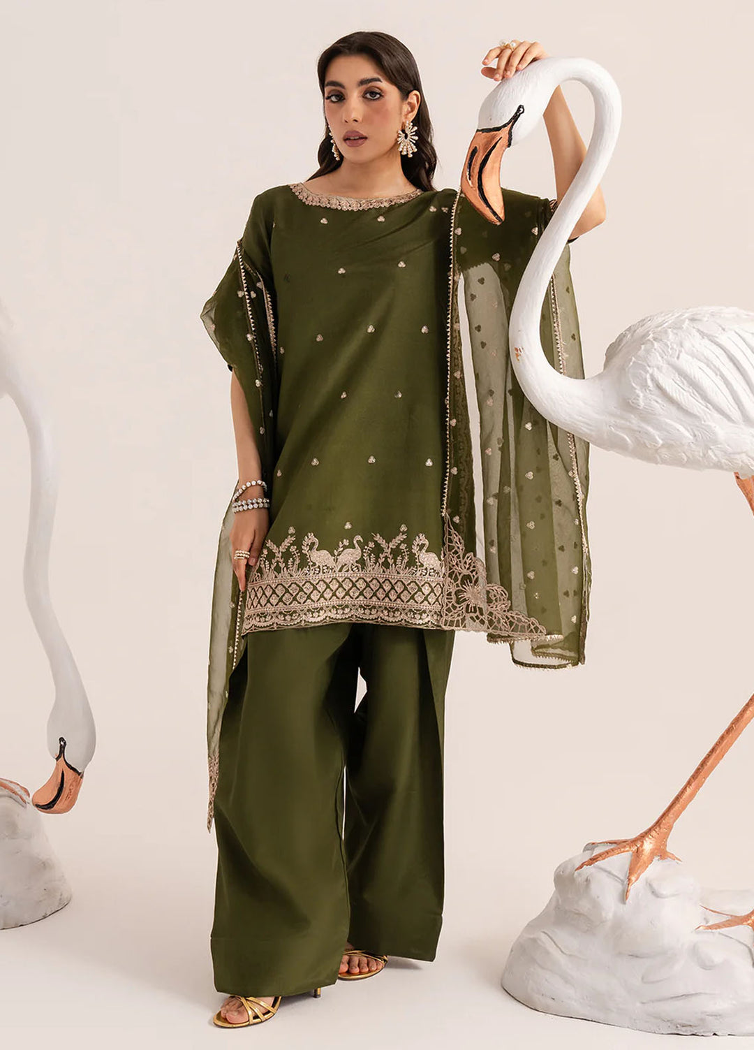 Izel Pret Embroidered Raw Silk 3 Piece Suit Matcha