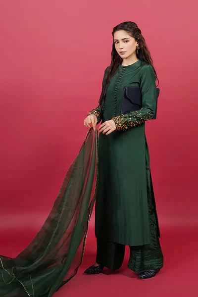 Meeral Pret Embroidered Raw Silk 3 Piece Suit HE-001