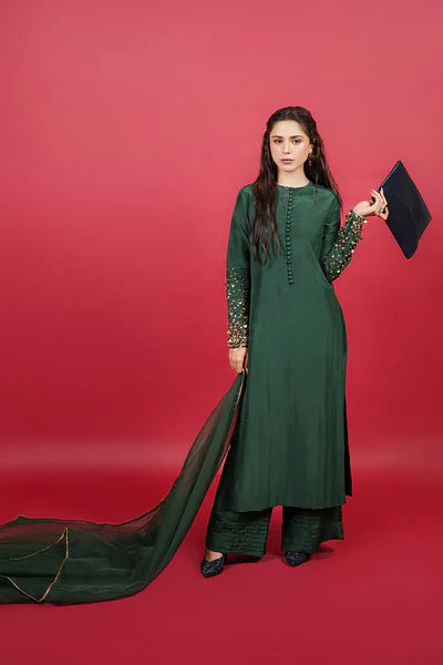 Meeral Pret Embroidered Raw Silk 3 Piece Suit HE-001