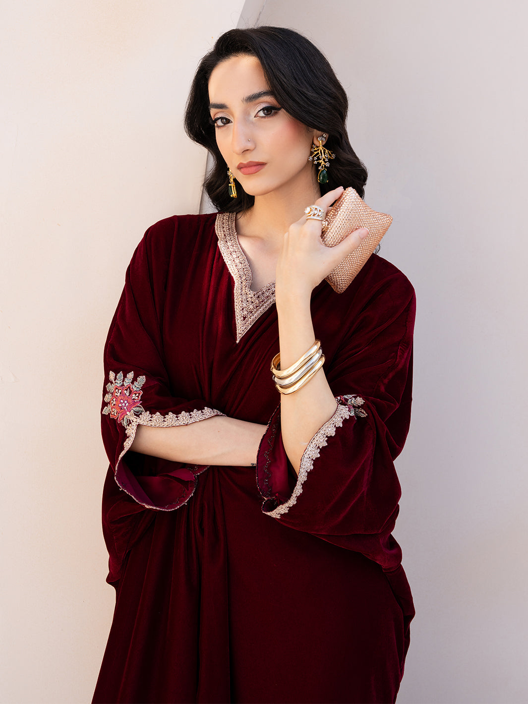 Le Tresor by Izel Pret Embroidered Velvet 3 Piece Suit Merlot - Festive Collection