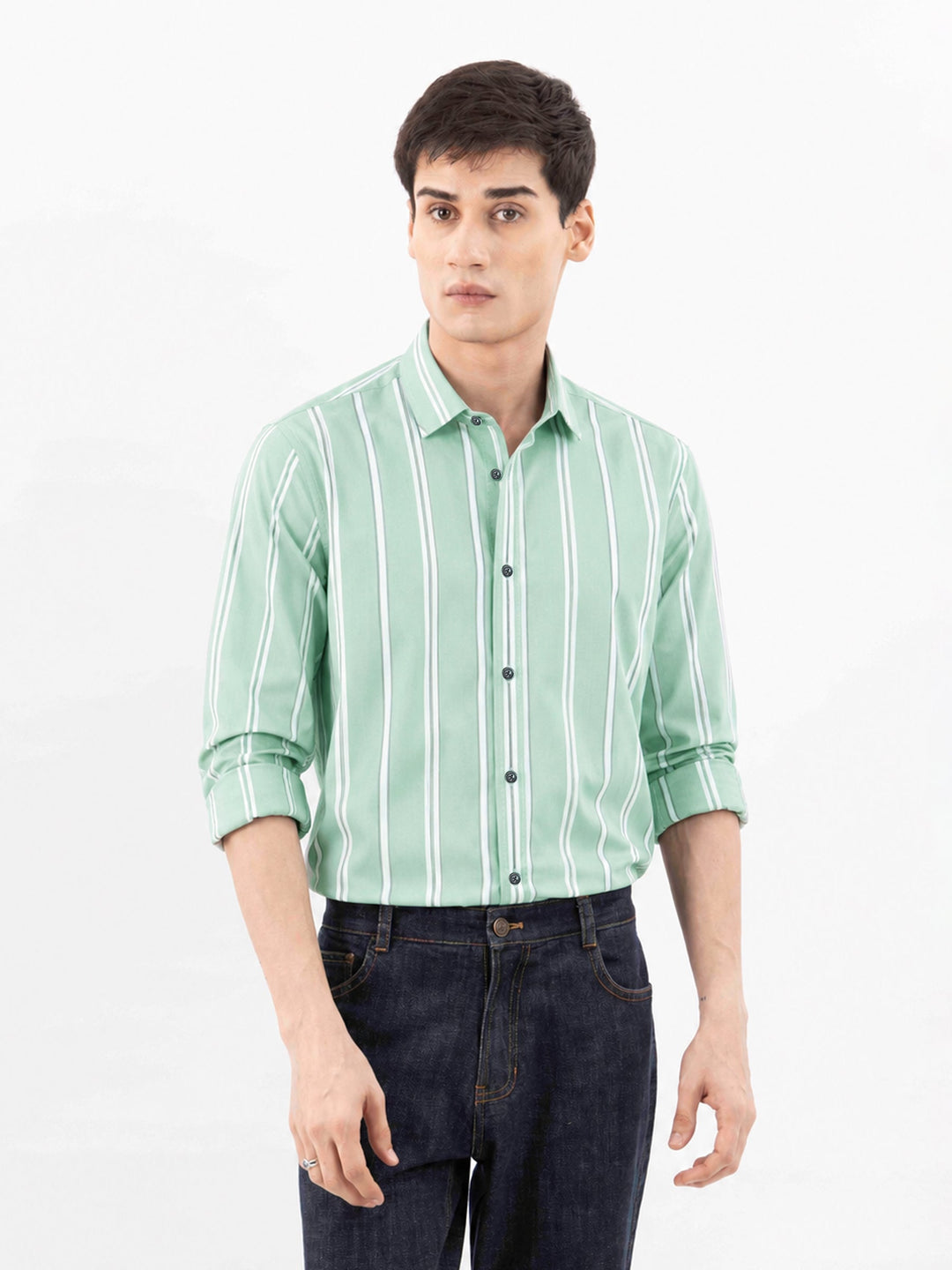Brumano Mens RTW Solids Cotton Shirt Mint Green Striped Western Collection