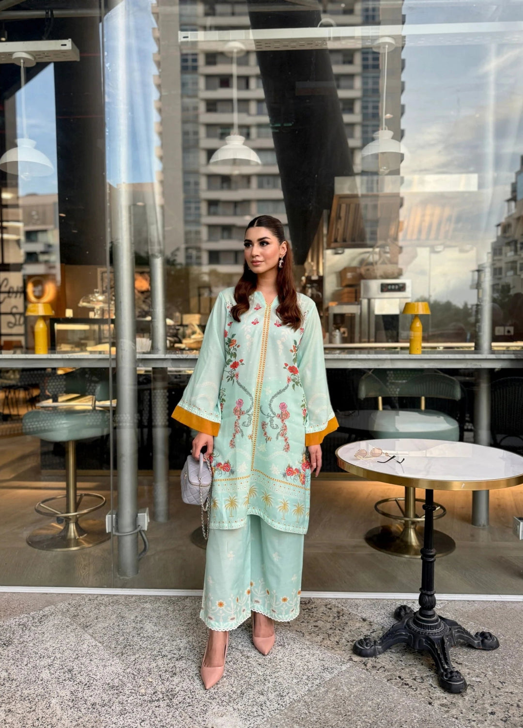Mataish Women RTW Printed Crepe 2 Piece Suit Mint Blossom Cordset - Festive Collection