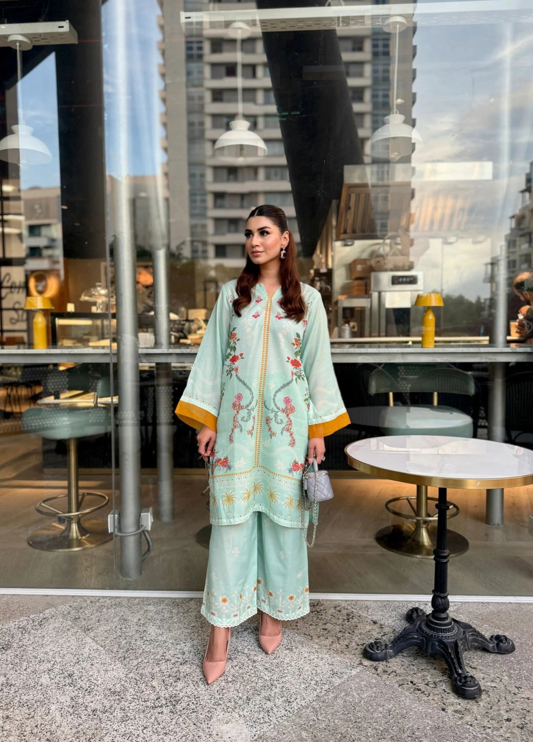 Mataish Women RTW Printed Crepe 2 Piece Suit Mint Blossom Cordset - Festive Collection