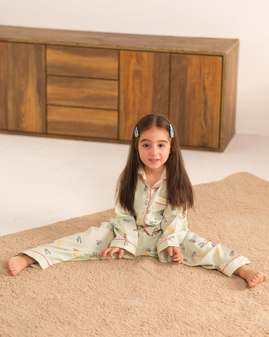 Baby Nest Kids Premium Night Suits For Girls Printed 2 Piece Boski Linen Mint Doodle Glam - Casual Collection