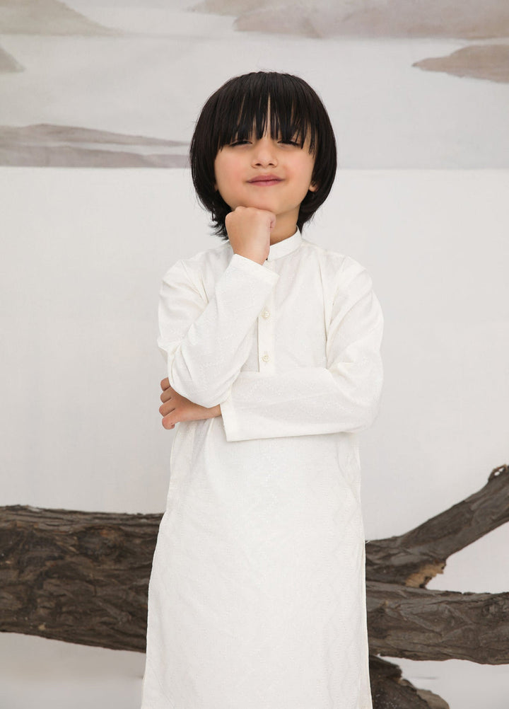 Muraqsh Ready To Wear   Boys Bosky White Cotton Embroidered Kurta Trouser MUR-BWECK - Summer Collection