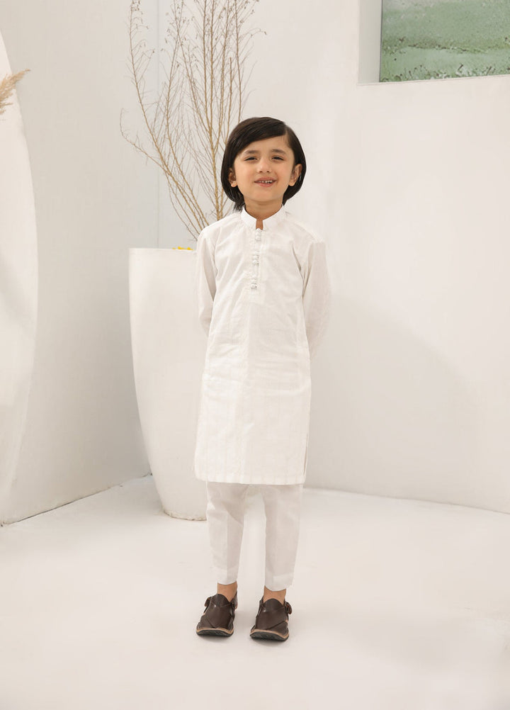 Muraqsh Ready To Wear   Boys Off White Cotton Embroidered Kurta Trouser Loop Buttons MUR-OWECK - Summer Collection