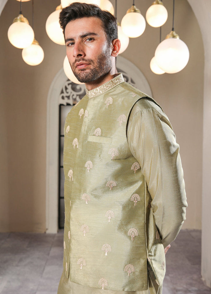 Muraqsh Ready To Wear  Cotton Men Pista Kurta Trouser with Embroidered Waistcoat MUR-PE-WS - Summer Collection