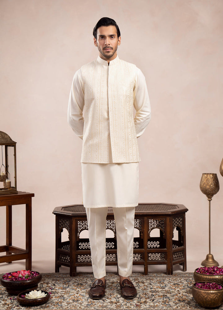 Muraqsh Ready To Wear Embroidered Bosky Men Bosky White Kurta Trouser with Falling Waistcoat  MUR-BWKTW - Summer Collection